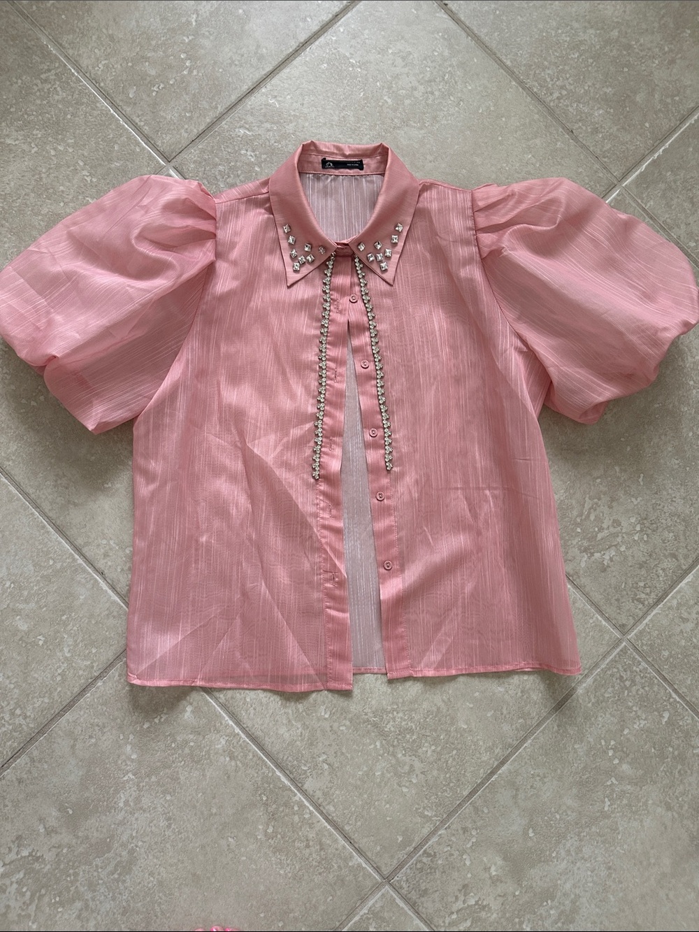 Pink Puff-Sleeve Button-Down Blouse with Jeweled Collar